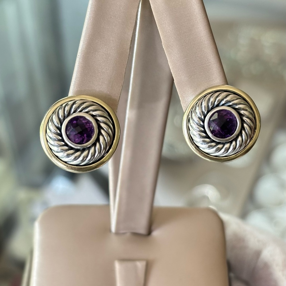 David Yurman 925 & 14k Gold Cookie Cable Earrings with Amethyst 0.75"